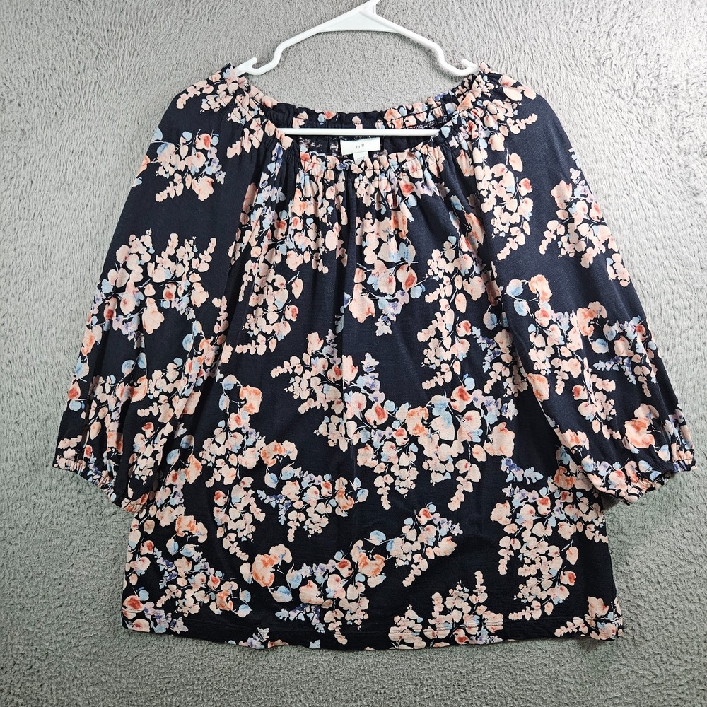 J Jill Top Blouse‎ Women Medium Wide Elastic Neck Floral Stretch Navy